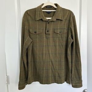 100% Pima Cotton Lands' End Olive Plaid Button-Up Shirt Front Pockets Elbow Pads